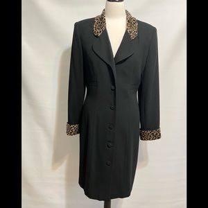 Kasper Dress black sz 8P with animal print collar & cuffs button front EC